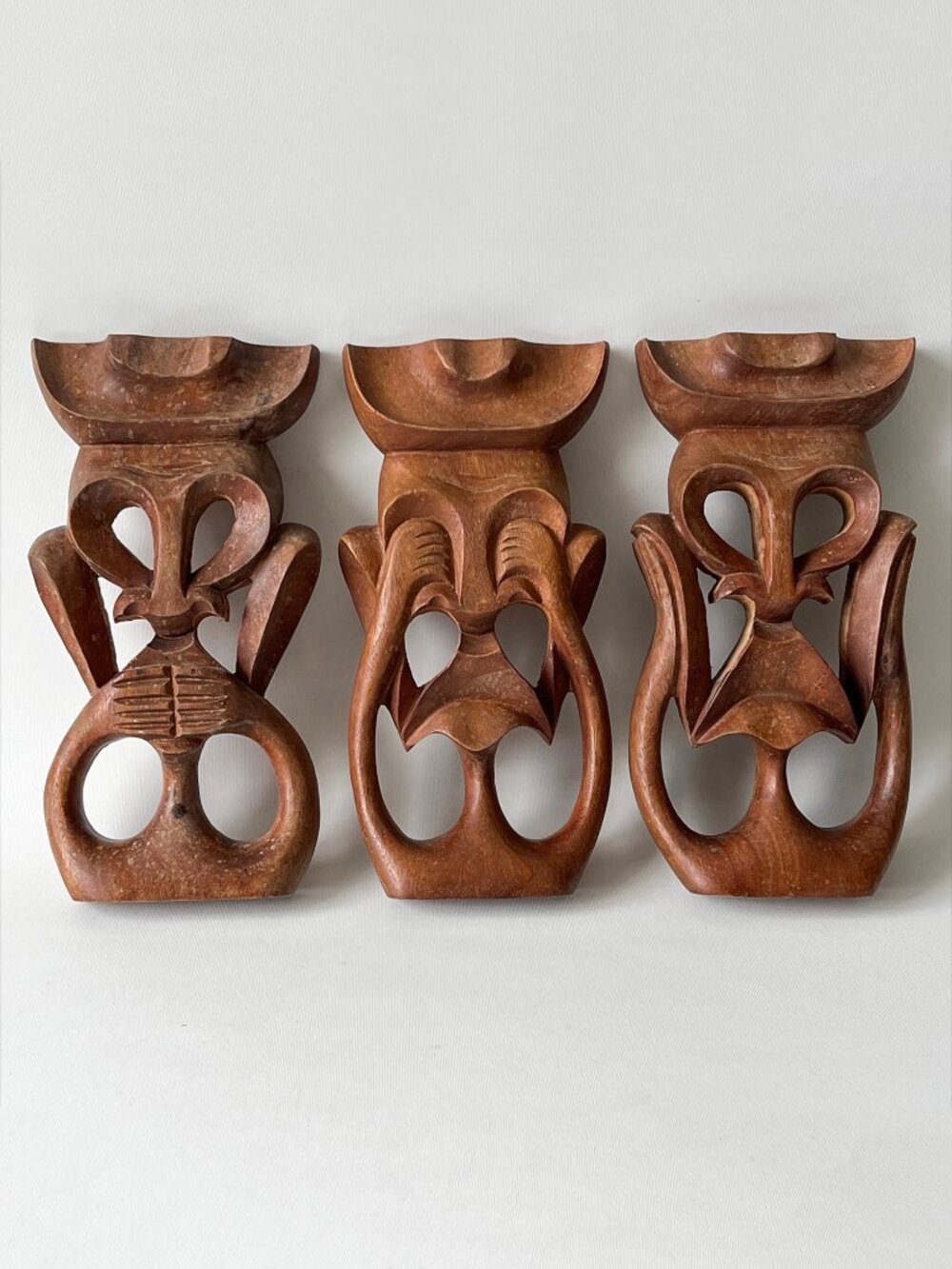 Vtg Hand Carved 3 Wise Monkeys Set Wood Wall Sculptures See Hear Speak No Evil